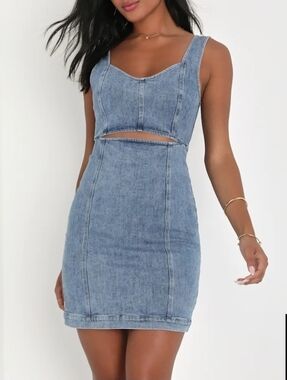 Lulus Denim Mini Dress Cutout Waist Blue Stretch Fitted Size M (No Tag)